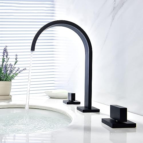 Robinet lavabo cascade 3 trous noir mat avec 2 poignées en laiton design - 2