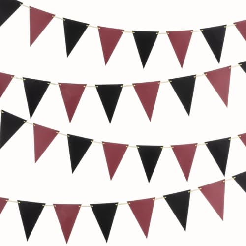 Image of MOWO Burgundy Black Pennant Banner Paper Bunting, Pack of 30, 20 feet
