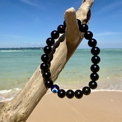 Pulsera elástica con obsidiana negra natural y ojo turco miniatura 2