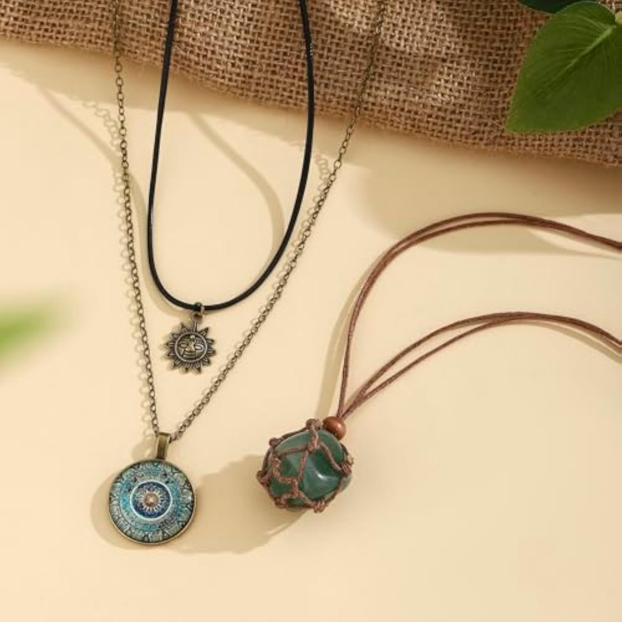 Women's Vintage Green Stone Boho Layered Necklace