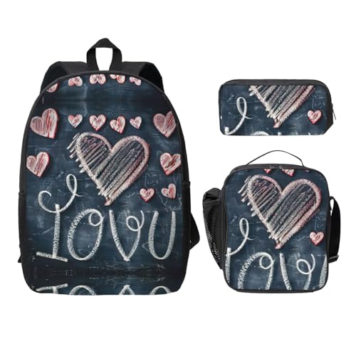 Sac à dos 3 pièces noir avec boîte à déjeuner et trousse à crayons assortie pour l'école