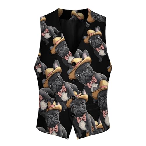 French Bulldog Dog with Hat Men's Suit Vests Dress Vest V-Neck Waistcoat Slim Business Formal with Pocket4