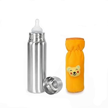 Milk Feeding Bottle Steel for New Born 250ml - Baby Feeding Bottle Stainless Steel with Velvet Cover - Milk Bottles for New Born Babies 0-2 Years (Yellow)