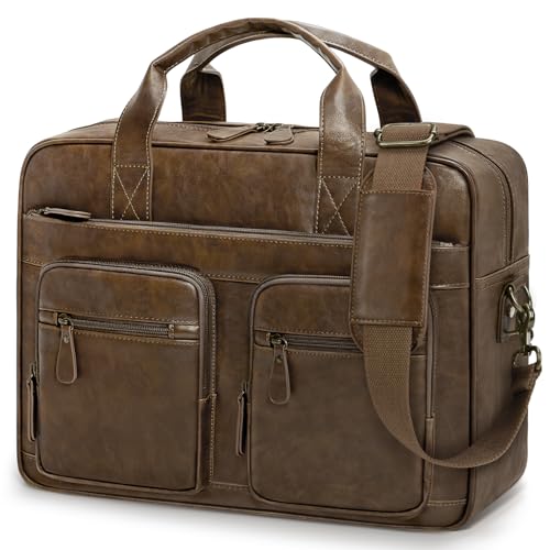 RAINSMORE messenger bags for men Vintage briefcase PU Leather laptop bag 15.6 Inch satchel bag for Work Business Office College Trip School Brown