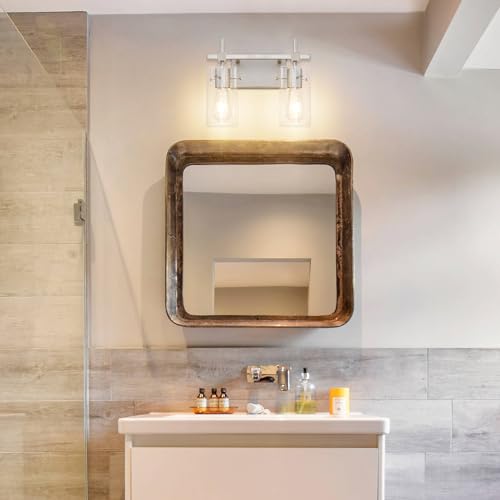 Image of SOLFART 2 Light Wall Scone Vintage Vanity Light Fixtures Brushed Nickel Wall Light for Bathroom Lights Over Mirror with Glass Shade Light Fixtures (Exclude Bulb)
