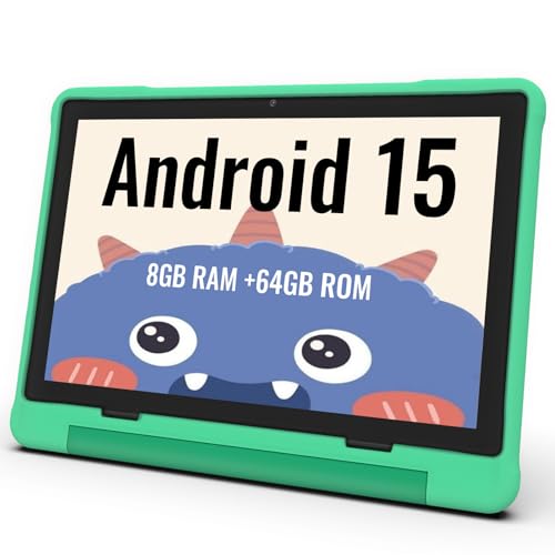 ApoloMedia タブレット10インチ、Android 15タブレット、8+64GBストレージ、5000mAh、目の保護モード、EVAケース(グリーン)