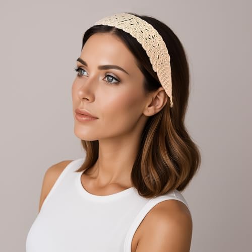 AeraVida Summer Cream Crochet Cotton Headband | Handmade Boho Hair Scarf Kerchief2