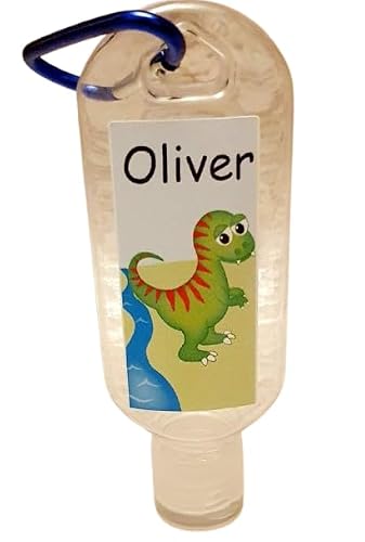 Image of Dinosaur Hand Sanitiser Keyring Hand Gel 50ml Antibacterial Liquid Travel Sanitiser School Bag Clip Back to School Clip Personalised Girl or Boy Bottle Supplied Empty