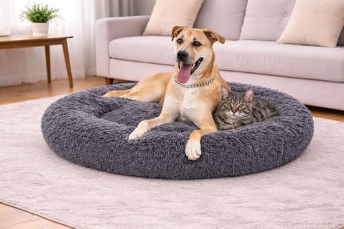 Image of ZEXSAZONE Summer Round Donut Pet Bed for Cats, Puppies, and Dogs, Cozy and Plush, Raised Bedside Support, Both Sides Use Like 2-in-1, Washable, Sizes for Small, Medium, and Large Pets. (Grey, XL)