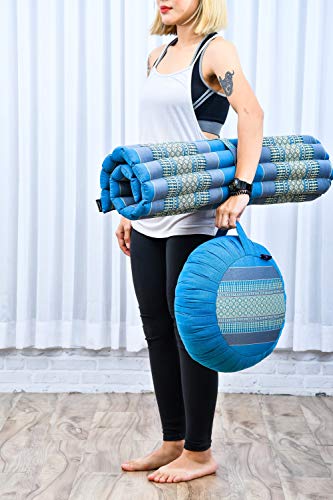 Image of Leewadee Meditation Cushion Set - 1 Round Zafu Meditation Pillow and 1 Square Roll-Up Zabuton Meditation Mat, Pillows Bundle Filled with Kapok