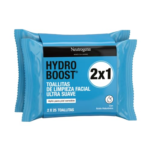 Neutrogena Hydro Boost Toallitas Desmaquillantes Hidratantes con Ácido Hialurónico, Pack 2 x 25 Toallitas (50 Unidades), Ultra Suaves para Limpieza Facial y Retirar Maquillaje