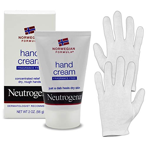 Neutrogena Norwegian Formula Hand Cream Kit: 2 Oz (200 Applications) Hand Lotion For Dry Cracked Hands & HeroFiber Large Overnight Moisturizing Thin White Cotton Sleeping Gloves.