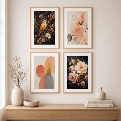 Image of Livin'luxe Set of 4 Floral Bird & Abstract Wall Paintings with Sparkle Laminate and Premium Wooden Synthetic Frame for Living Room Bedroom Office Decor (13.5 x 19.5 Inch)