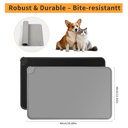 FHISKUNYU 2er Set Silikon-Futtermatten für Hunde und Katzen | 48 x 30 cm | wasserdichte & rutschfeste Unterlage | Leicht zu reinigen | Schwarz & Grau
