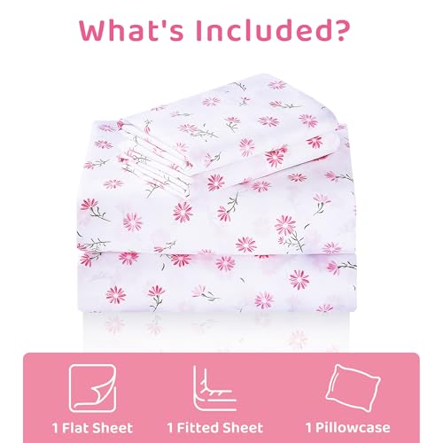 Image of Mooreeke Cozy Vintage Microfiber Printed Floral Twin Sheet Set - Soft & Breathable Pink Daisy Bed Sheets with Extra Deep Pocket - Non-Slip Fitted Design - Daisy Pattern - Twin