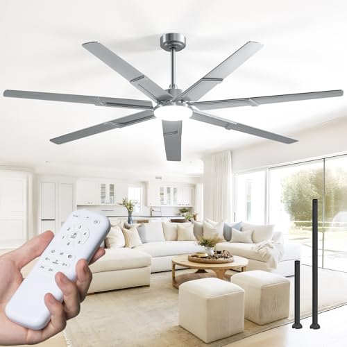 Image of Amico Ceiling Fans with Lights,74 inch Nickel Ceiling fan with Light and Remote, 6 Speed Reversible DC Motor, 3CCT, Dimmable, Quiet, Timer, Outdoor Ceiling Fan for Patio, Living room, Indoor /Outdoor