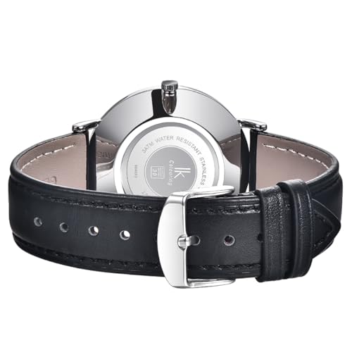 Alienwork IK Slim Ø36 mm zegarek męski damski ultra cienki skórzany pasek, srebrny / srebrny biały / czarna skórzana bransoletka, pasek