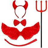 5 Pcs Halloween Devil Costume Set Devil Horns Headband Devil Tail Cosplay Wings Bow Tie Devil Fork Red Costume Accessories for Cosplay Party