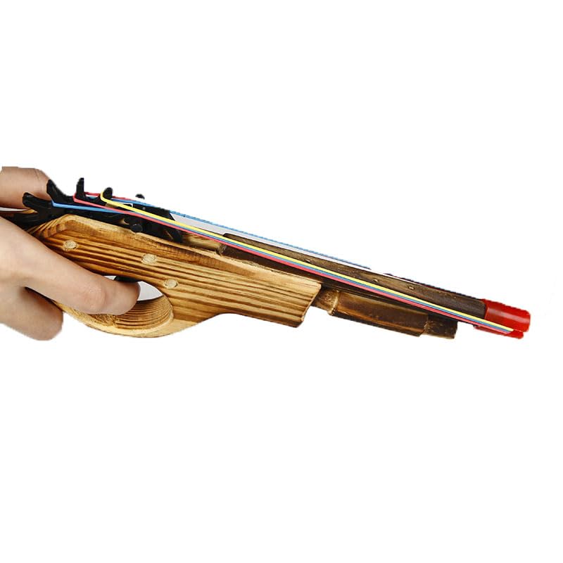 Wood Rubber Band Gun with Orange Safety Tip Wooden Toy Easy Load Outdoor Toy Gun with 100 Rubber Bands 12 Inches Length