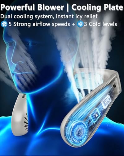 Image of FWV Portable Neck Fans with Cooling Plate, 5500mAh 3-24H Lasting, Whisper Quiet 30dB, USB-C Rechargeable Necklace Fan, LED for Battery&Speed, Personal Mini AC Device for Outdoors Walking Workout Gray