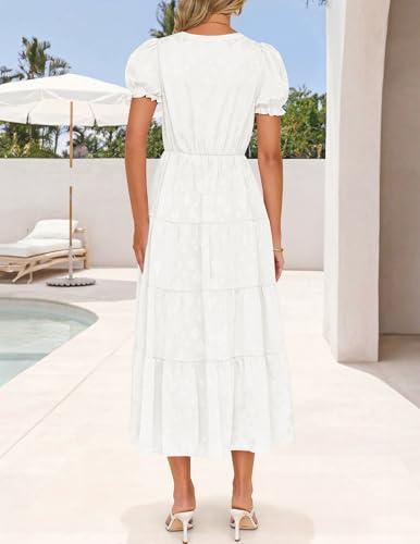 Image of ZESICA Womens Summer Floral Flowy Midi Dress 2026 Puff Short Sleeve V Neck Ruffle Tiered Beach Vacation Party Dresses