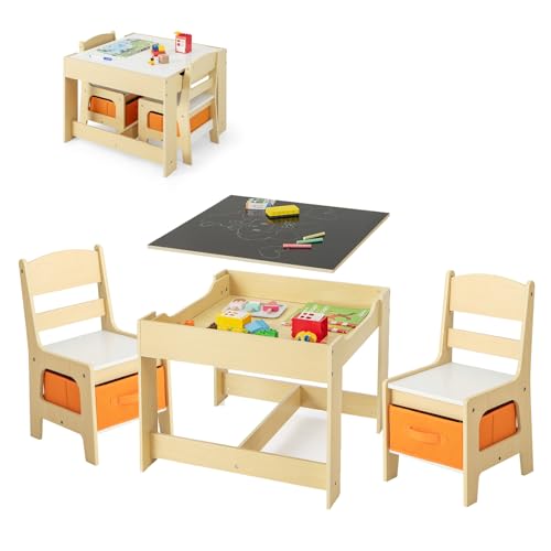 GLACER Kids Table and Chairs 3 in 1 Wooden Activity Table with Storage Reversible Tabletop Chalkboard for Crafts Drawing Reading Toddler Table and Chair Set for Playroom Easy to CleanNatural