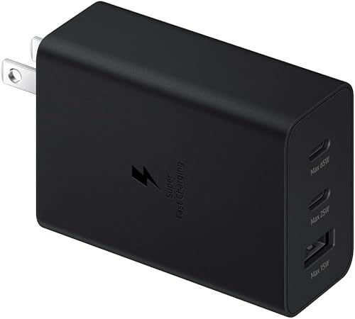 Samsung Cargador de pared de carga súper rápida de 3 puertos, 1 USB-C 65 W, 1 USB-C 25 W, 1 USB-A de 25 W, capacidad máxima de 65 W (cable no
