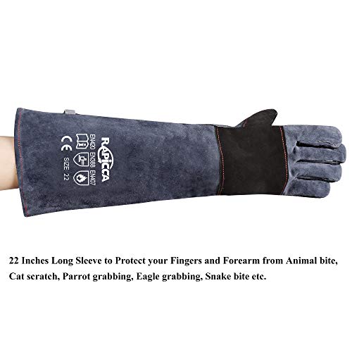 Rapicca Animal Handling Gloves Bite Proof Kevlar Reinforced Leather Padding Dog,Cat Scratch,Bird Handling Falcon Gloves Grabbing,Reptile Squirrel Snake Bite 22In Grey-Black #TOP4