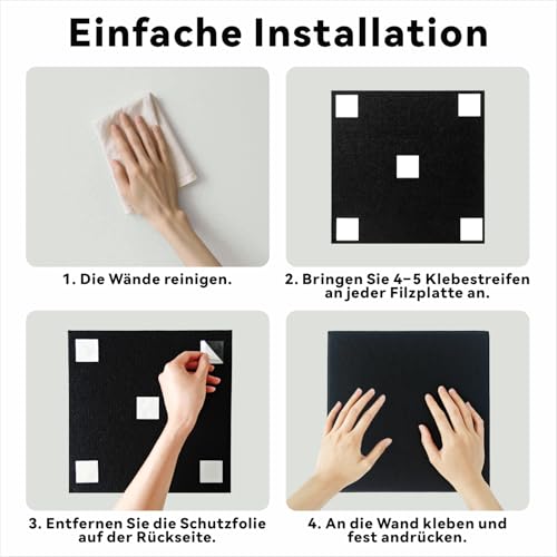 BravoForge Groß Pinnwand Filz, 6 Stück 30 x 30 cm Schwarze Filzwand mit 30 Stecknadeln und 36 Sichere Abnehmbaren Klebetabs, Korkwand-Alternativen für Wand, Haus, Büro, Schule, Fotos Memos (Schwarze)