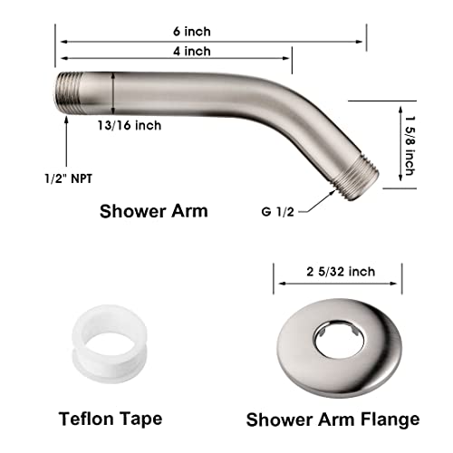 Bright Showers 6 Inch Brass Shower Arm With Flange Shower Pipe Arm For Wall Mount Fixed And Handheld Shower Head, Brushed Nickel #TOP2
