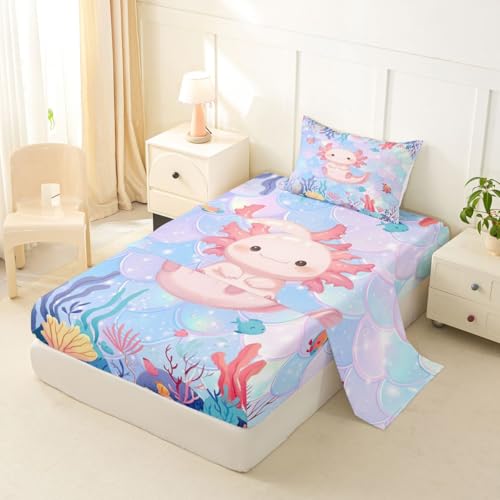 Image of jejeloiu Cute Axolotl Bed Sheets Set Twin Size Kawaii Ocean Sealife Bed Set for Kids Boys Girls Cartoon Salamander Deep Pocket Fitted Sheet Reptile Animal Breathable Soft Lightweight Microfiber