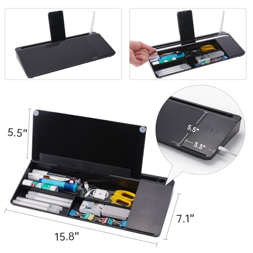 Image of Small Glass Desktop Whiteboard Dry-Erase-Board - Computer Keyboard Stand with Wireless Charger White Board Surface Pad with Drawer, Desk Organizers with Accessories for Office, Home, School Supplies