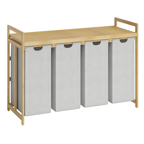 Bellamio Newa Wäschekorb 4 Fächer – Bambus Wäschesammler mit 1 Ablagefläche – 4x50 L Wäscheboxen – Wäschesortierer mit ausziehbaren & abnehmbaren Wäschesäcken in Hellgrau – Schmutzwäschebehälter