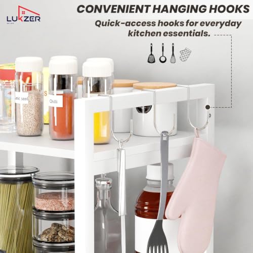 Image of Lukzer 4 Layer Multipurpose Storage Rack - Heavy Duty Metal & Wood Kitchen Organizer | Space Saving Microwave Oven Stand for Modular Kitchen, Living Room, Bedroom & Office (MKR-004 /White)