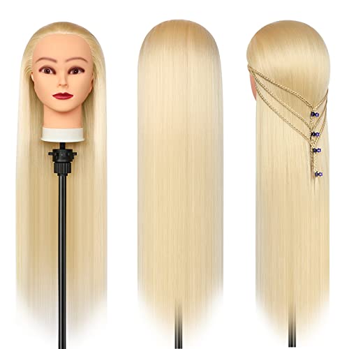 Trainingsköpfe, 28 inch Frisierkopf 100% Synthetikfaser-Haar Übungskopf, Frisurenkopf Ausbildung Kopf Mit Halter + DIY Haar Styling Braid Set (Blond)