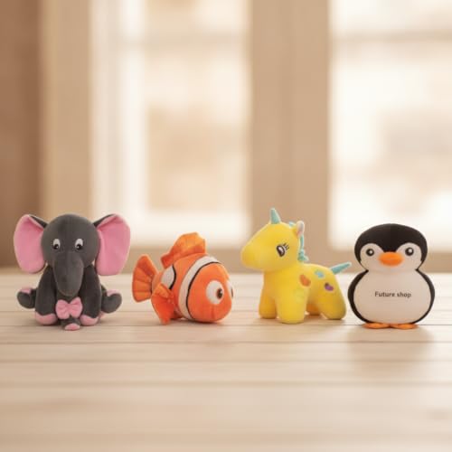 Image of Pack of 4 Elegant Soft Toys Combo Set Grey Appu Elephant, Penguin, Fish & Yellow Unicorn Toy Animals for Kids /Girls /Boys - 30 cm (Multicolor)