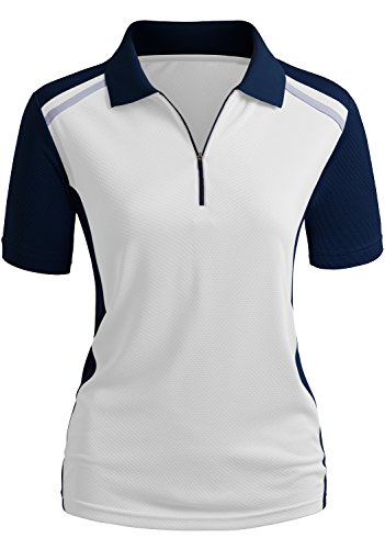 Clovery Breathable Functional Coolmax Fabric Short Sleeve Zipup Polo Shirt Whitenavy L #TOP1