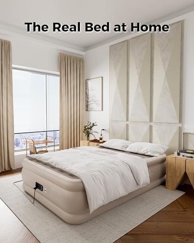 Image of Full Air Mattress with Built in Pump, Single Blpw up Air Bed with Portable Storage Bag, Suitable for Home and Guests, Top Flocking, 18 inch Full Khaki