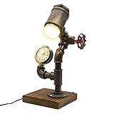 Y-Nut Industrial Steampunk LED Desk Lamp, Wood Base with Iron Piping Loft Style Vintage Antique Light, Retro Desk Lamp, Timer Edison Lamp Holder LL-0018