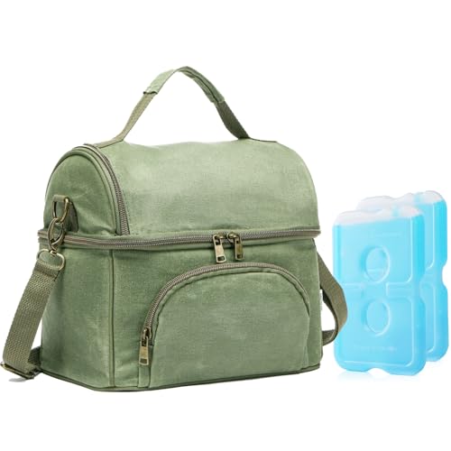 neatlife Men's London Green Lunch Box for Work with 2 XL Ice Packs, Sturdy Waxed Canvas Insulated Adult Lunch Bag, 2 Compartment 10.5L Soft Cooler Bag For Work, Picnic, Travel, Outdoors