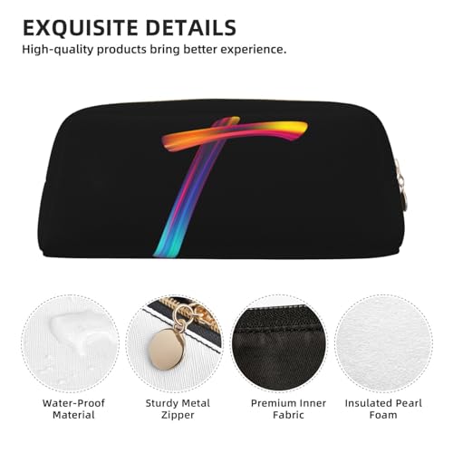 Image of Cute Initial Pencil Case for Kids Simple Leather Pencil Pouch for Boys Girls Letter Design Pencil Box Pen Bag Pencil Pouch Office Stationery Organizer, Rainbow Letter T