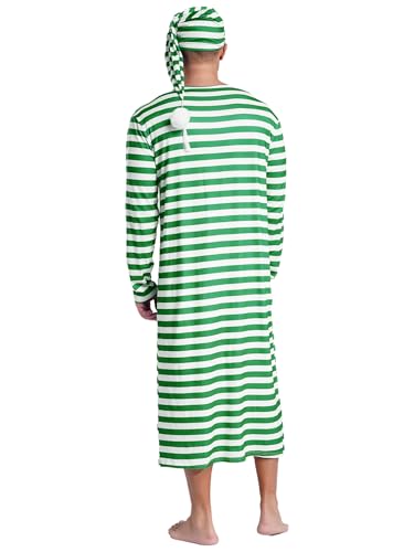 Men's Long Sleeve Striped Nightshirt Sleeping Cap with Pom-pom 2Pcs Pajama Sets Nightwear2