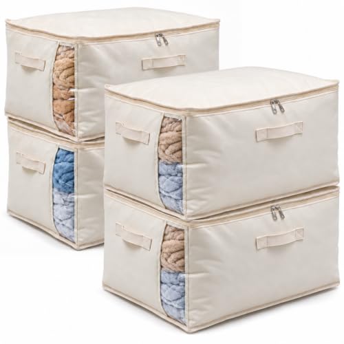 4 Pack Canvas Comforter Storage Bags for Clothes & King Comforters, Natural