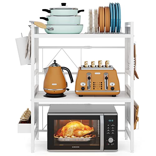 1Easylife Extendable Microwave Oven Rack, 3 Tiers Adjustable Microwave Stand With Spice Organizer & Paper Towel Holder, White Oven Shelf Kitchen Countertop Organizer With Hooks & Cutting Board Holder #TOP7