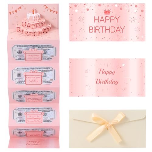 HOMANGA Birthday Money Envelope for Cash Gifts Birthday Money Holder with 3D Cake Birthdays Cash Gift for Men Women Girls Boys (Pink)
