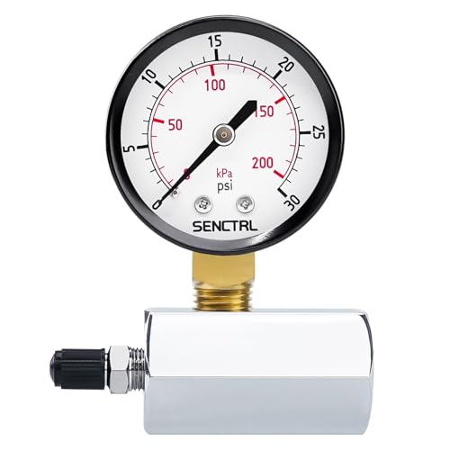 SENCTRL 0-30 Psi Gas Pressure Test Gauge, 2' Dial Size, 3/4' FNPT Connection, Brass Valve, Chrome Plated Steel Body Assembly
