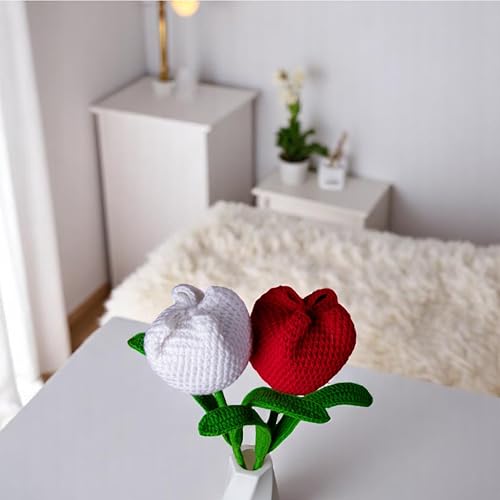 Image of Tulip Crochet Flowers | Handcrafted Artificial Faux Woolen Flower with Long Stem | Natural Looking Knitted Flower for Home, Living Room, Vase & Bouquet Decoration & Gifting | Red & White