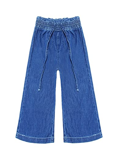KIDSCOOL SPACE Girls Thin Denim Pants, Wide-Leg Ribbed Elastic Waistband Jeans