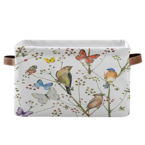 Image of Watercolor Bird Butterfly Storage Basket Bin for Shelves Closet Vintage Foldable Fabric Storage Box Cube with Handles Kids Gifts Toys Cloth Shelf Basket Organizer for Bedroom Nursery Home Decor