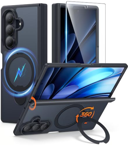 Image of FNTCASE for Samsung Galaxy Z-Fold-8-Ultra Case: Z Fold7 Case [360 Spin Magnetic Stand] [Fit for Magsafe] [Hinge Protection & Screen Protector] Translucent Matte Military Grade Shockproof Cover - Black